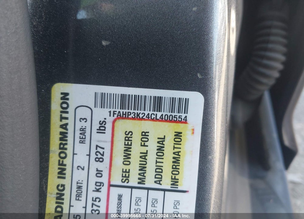 2012 FORD FOCUS SE VIN: 1FAHP3K24CL400554