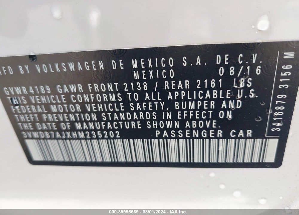 2017 VOLKSWAGEN JETTA 1.4T SE VIN: 3VWDB7AJXHM235202