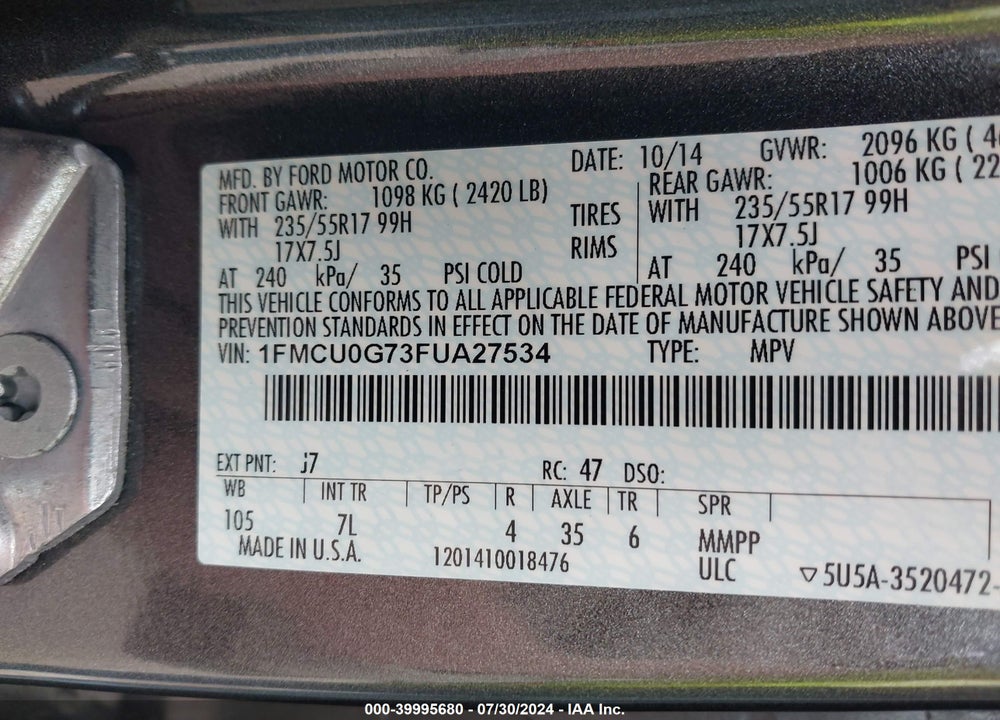 2015 FORD ESCAPE SE VIN: 1FMCU0G73FUA27534