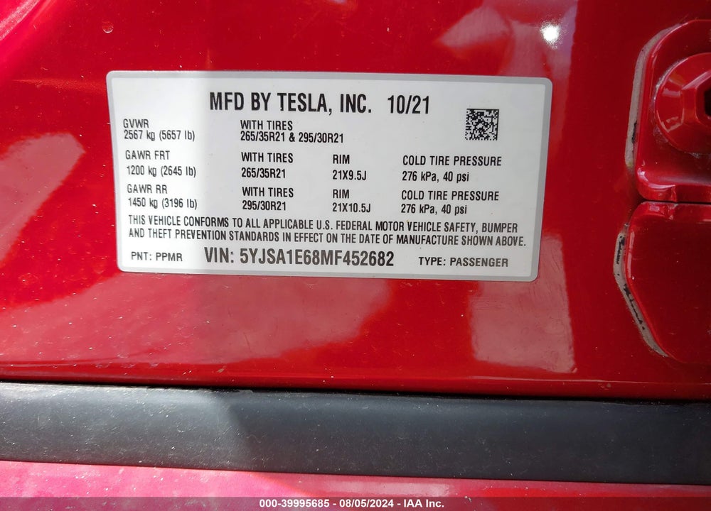 2021 TESLA MODEL S PLAID TRI MOTOR ALL-WHEEL DRIVE VIN: 5YJSA1E68MF452682