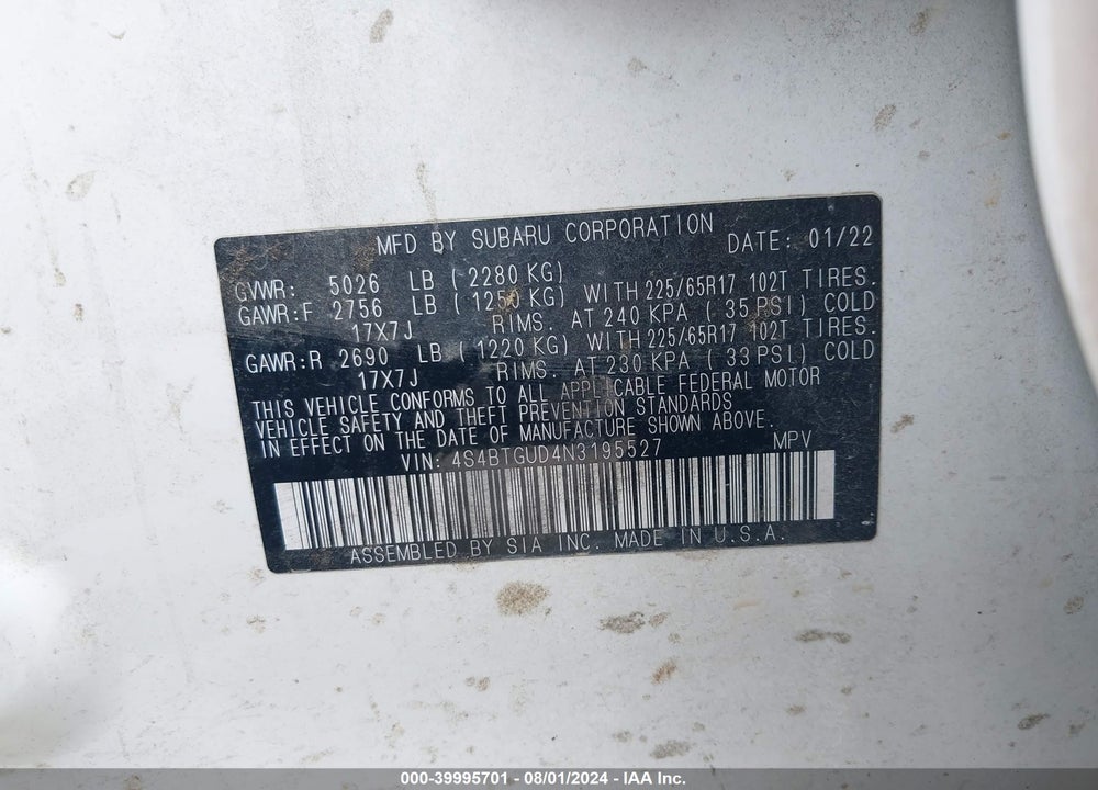 2022 SUBARU OUTBACK WILDERNESS VIN: 4S4BTGUD4N3195527
