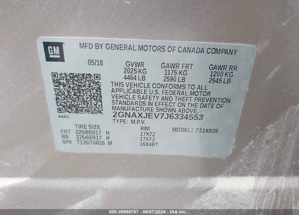 2018 CHEVROLET EQUINOX LT VIN: 2GNAXJEV7J6334553