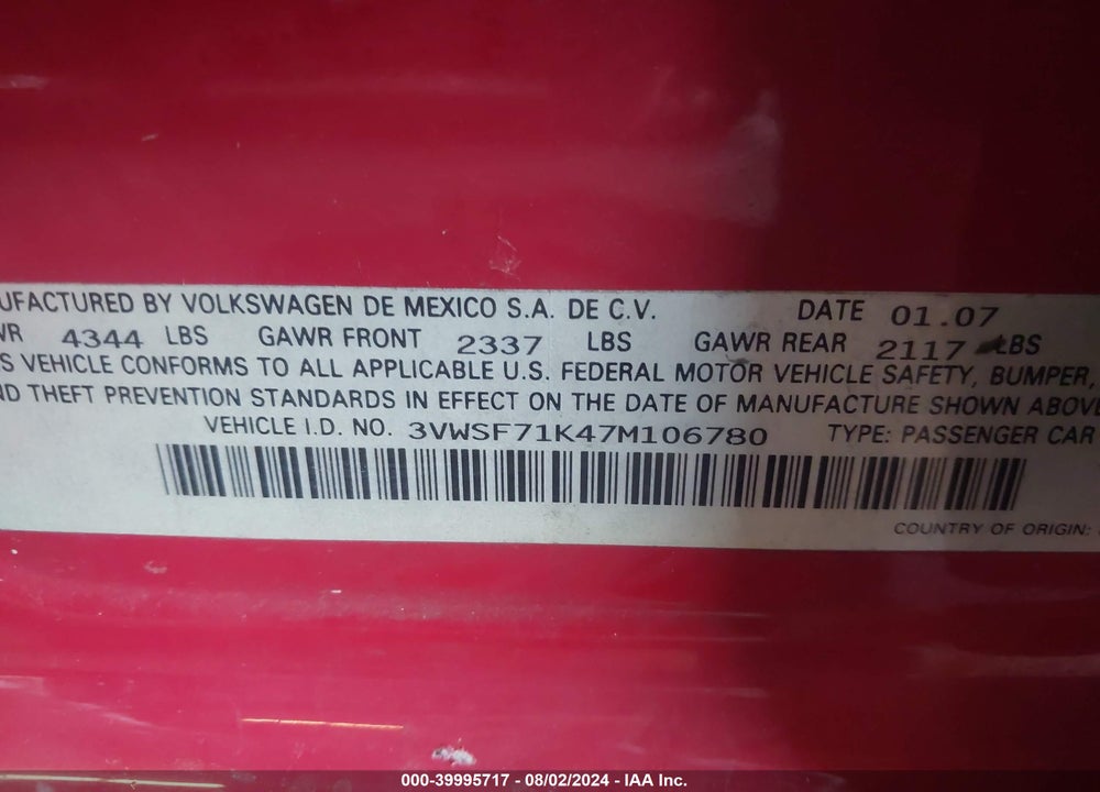 2007 VOLKSWAGEN JETTA 2.5 VIN: 3VWSF71K47M106780