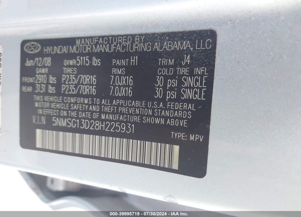 2008 HYUNDAI SANTA FE GLS VIN: 5NMSG13D28H225931