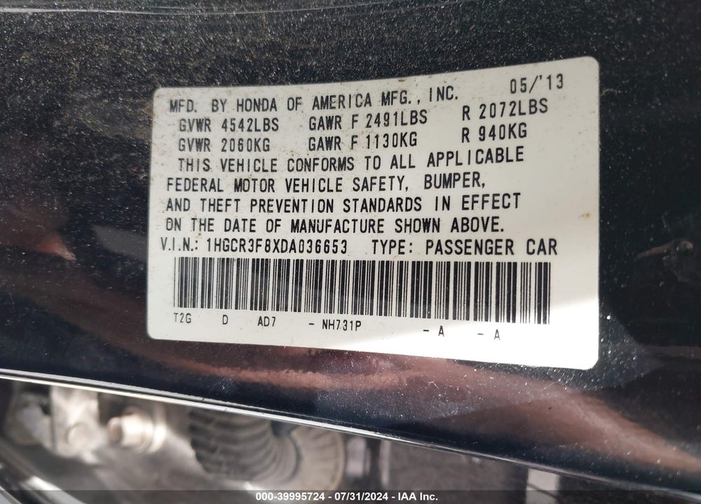 2013 HONDA ACCORD EX-L V-6 VIN: 1HGCR3F8XDA036653