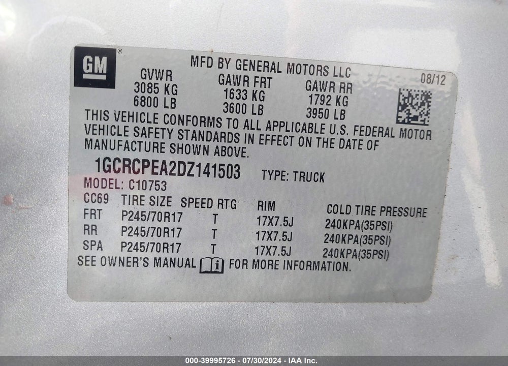 2013 CHEVROLET SILVERADO 1500 WORK TRUCK VIN: 1GCRCPEA2DZ141503