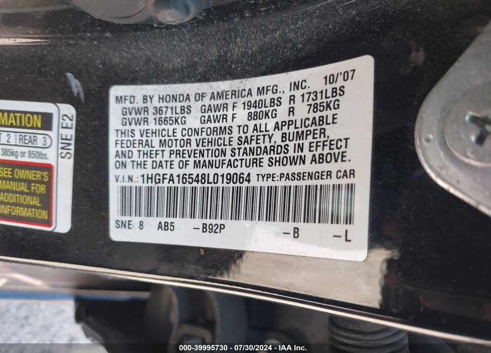 2008 HONDA CIVIC SDN LX VIN: 1HGFA16548L019064