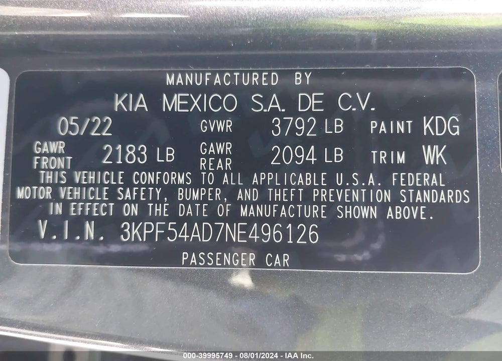 2022 KIA FORTE GT LINE VIN: 3KPF54AD7NE496126