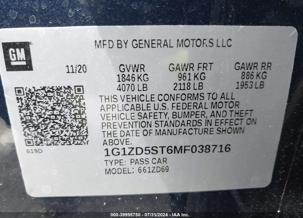 2021 CHEVROLET MALIBU FWD LT VIN: 1G1ZD5ST6MF038716