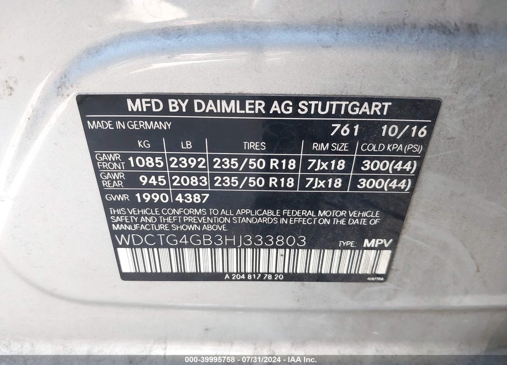 2017 MERCEDES-BENZ GLA 250 4MATIC VIN: WDCTG4GB3HJ333803