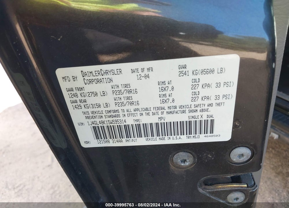 2005 JEEP LIBERTY SPORT VIN: 1J4GL48K15W595314