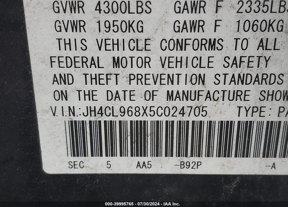 2005 ACURA TSX VIN: JH4CL968X5C024705