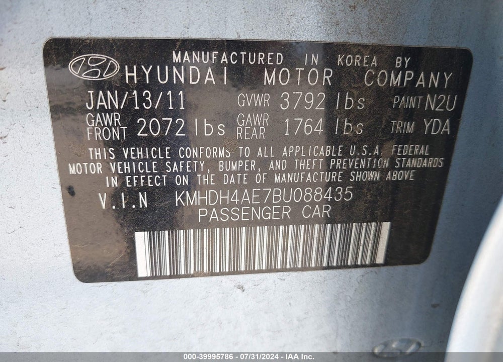 2011 HYUNDAI ELANTRA LIMITED (ULSAN PLANT) VIN: KMHDH4AE7BU088435