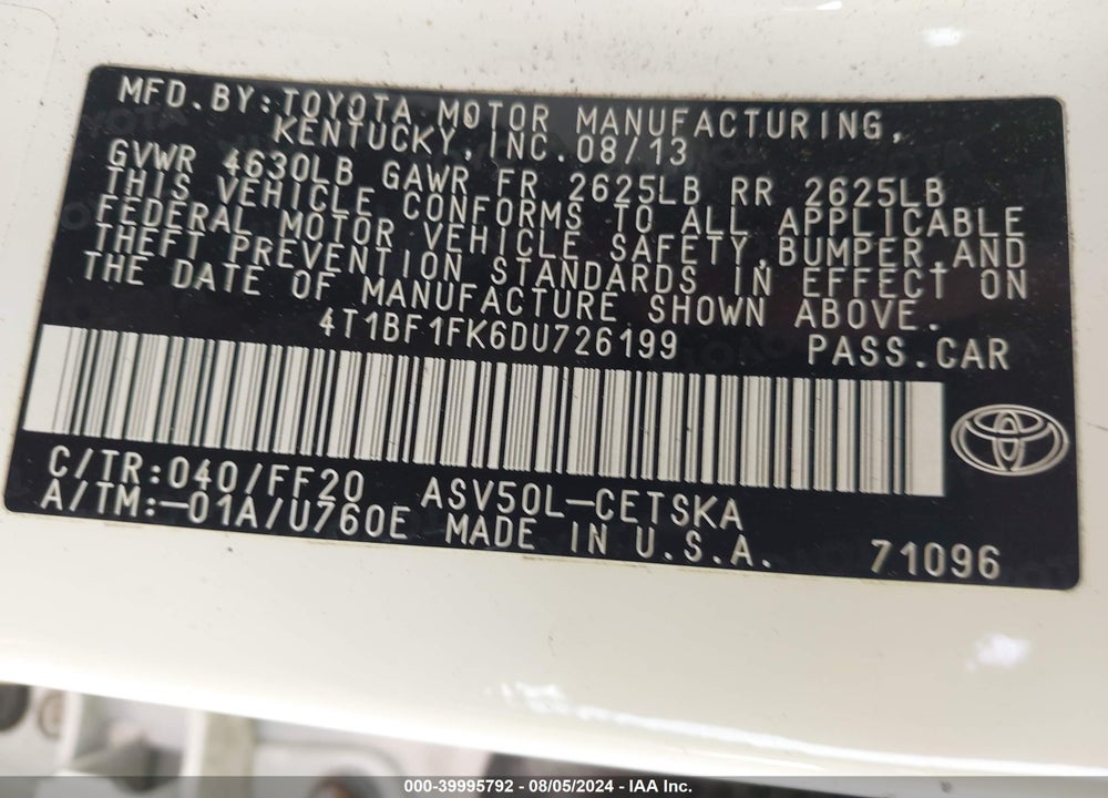 2013 TOYOTA CAMRY SE VIN: 4T1BF1FK6DU726199