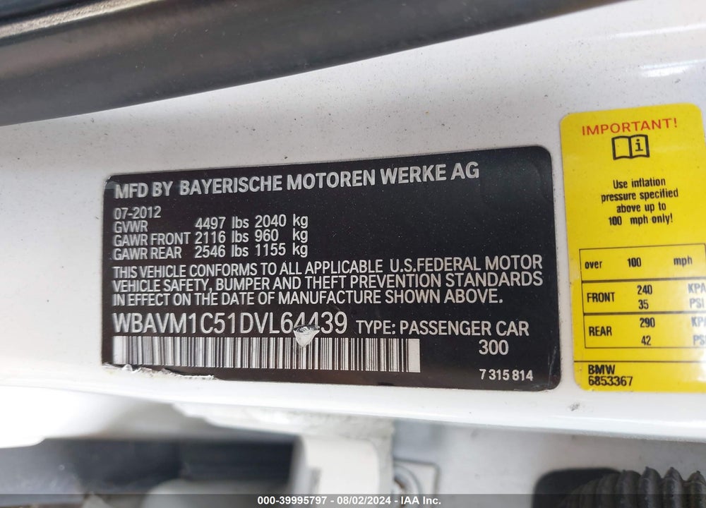 2013 BMW X1 SDRIVE28I VIN: WBAVM1C51DVL64439