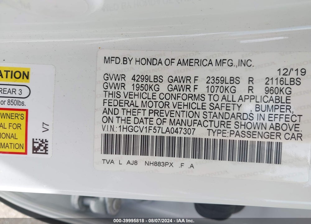2020 HONDA ACCORD EX-L VIN: 1HGCV1F57LA047307