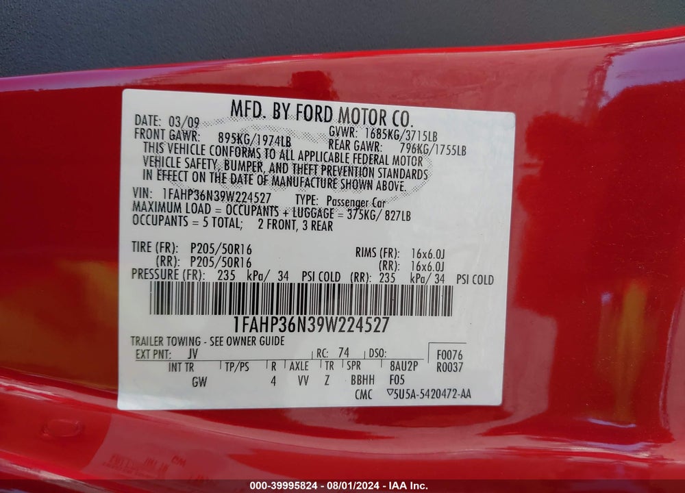 2009 FORD FOCUS SES VIN: 1FAHP36N39W224527