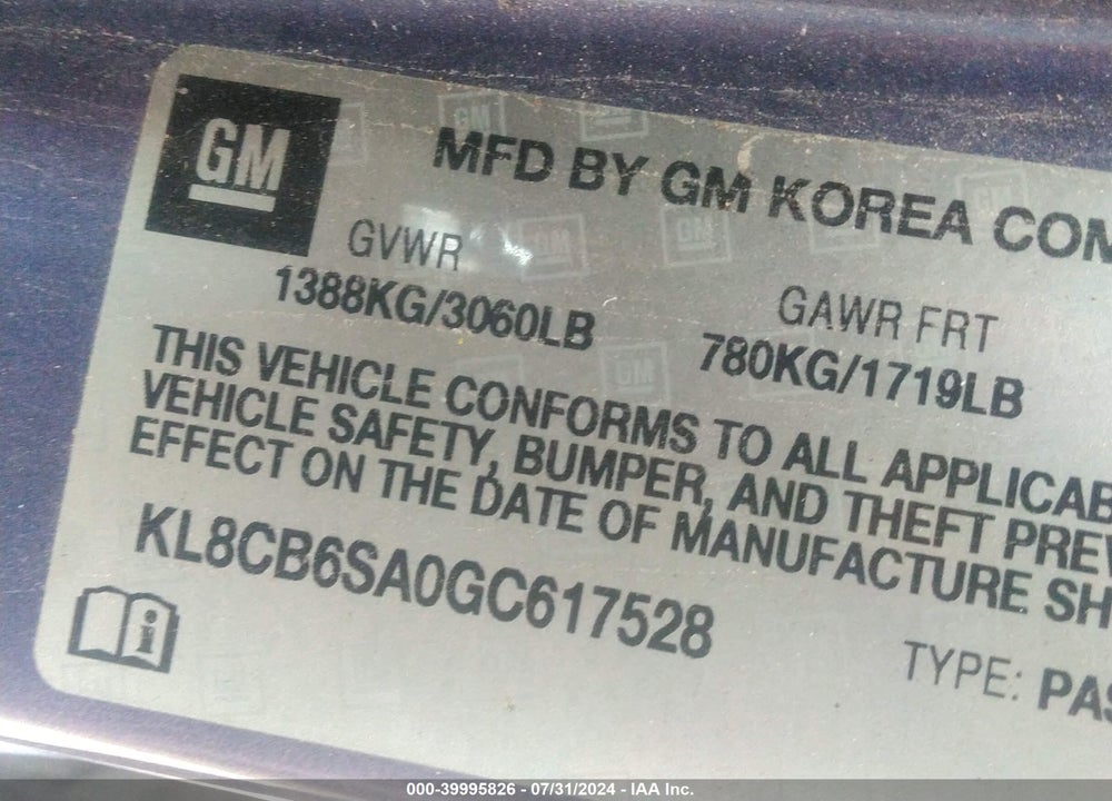 2016 CHEVROLET SPARK LS CVT VIN: KL8CB6SA0GC617528