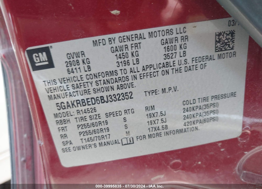 2011 BUICK ENCLAVE 1XL VIN: 5GAKRBED6BJ332352