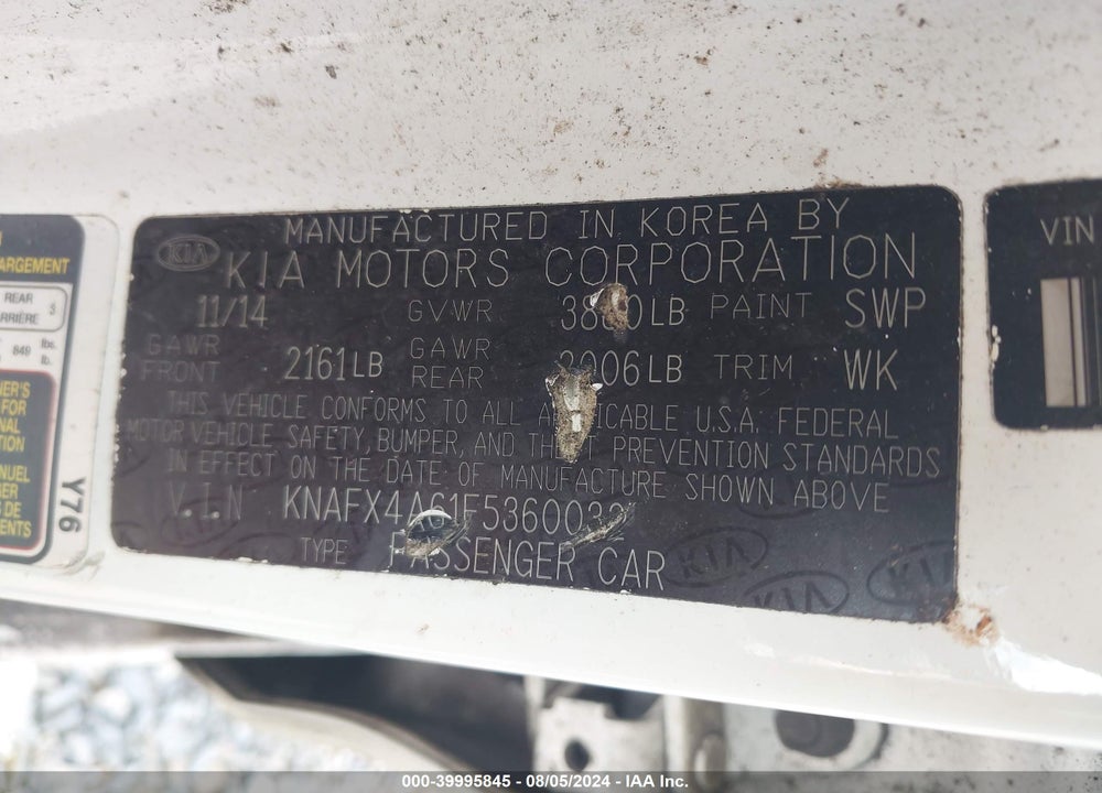 2015 KIA FORTE LX VIN: KNAFX4A61F5360032