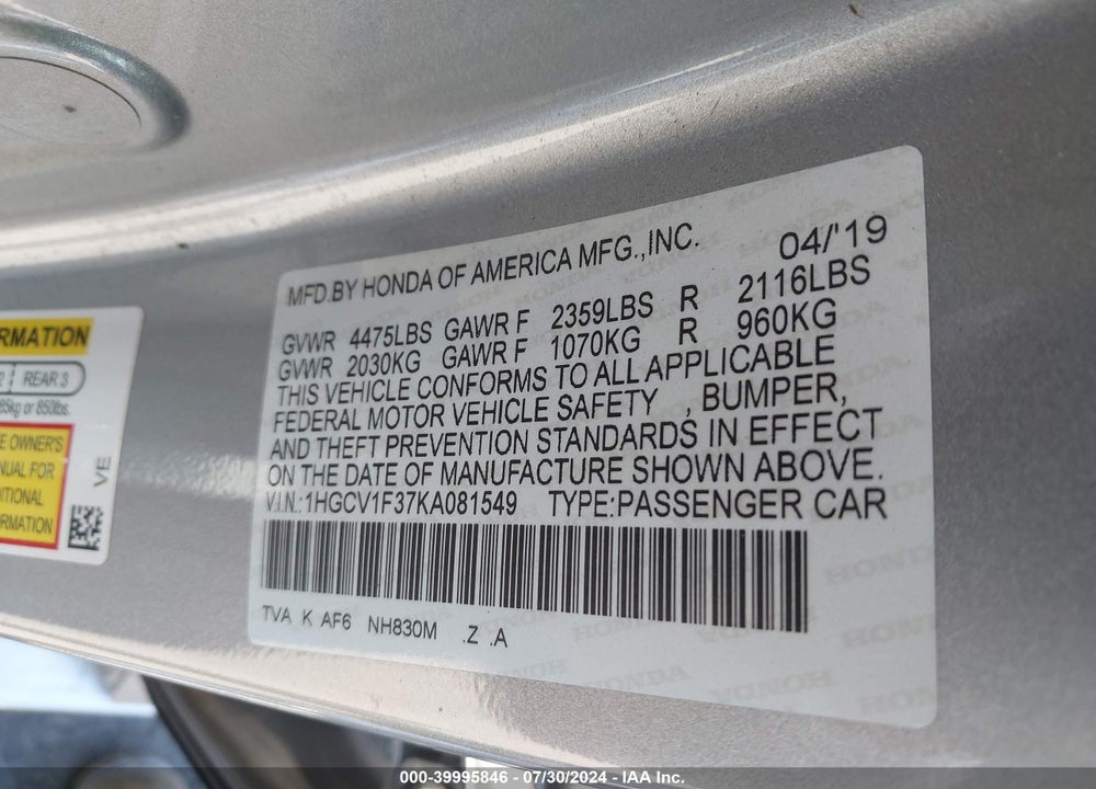 2019 HONDA ACCORD SPORT VIN: 1HGCV1F37KA081549