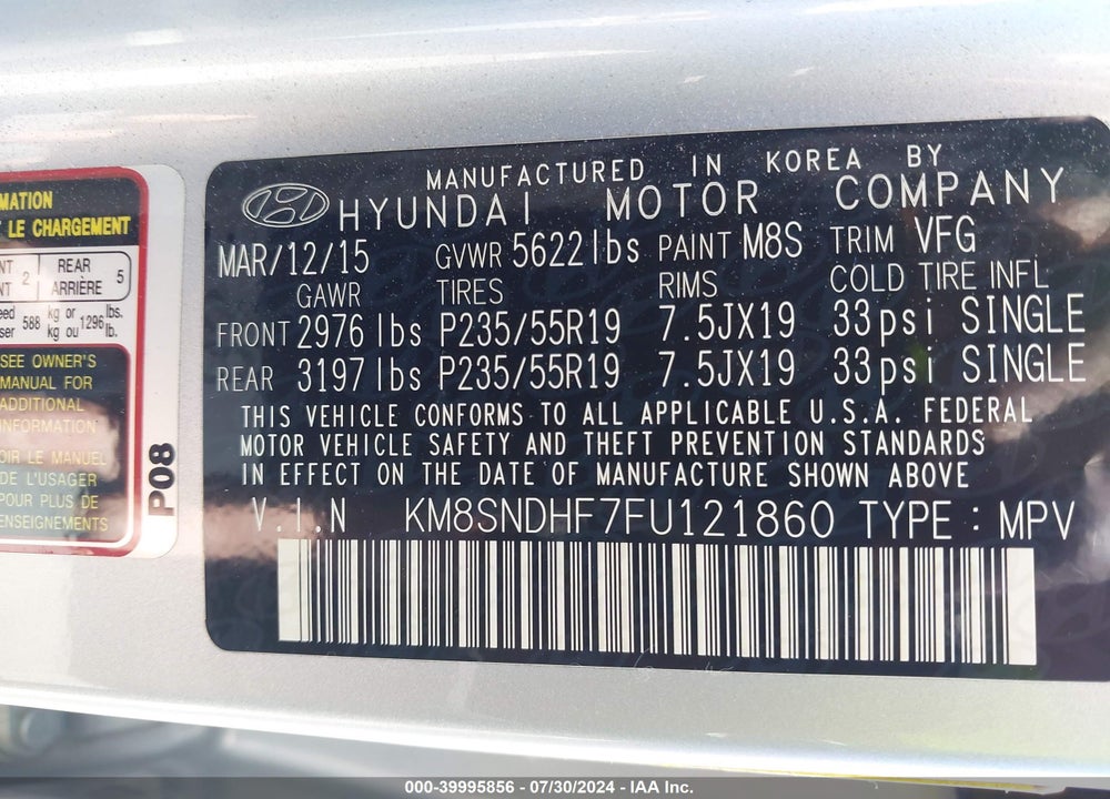2015 HYUNDAI SANTA FE GLS VIN: KM8SNDHF7FU121860