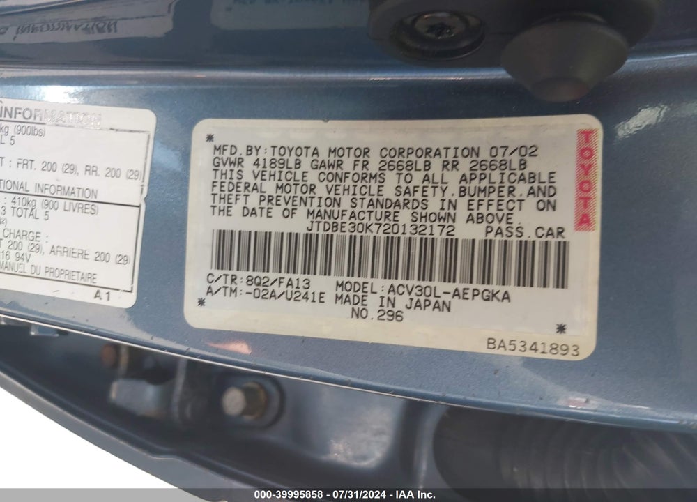 2002 TOYOTA CAMRY LE/SE/XLE VIN: JTDBE30K720132172