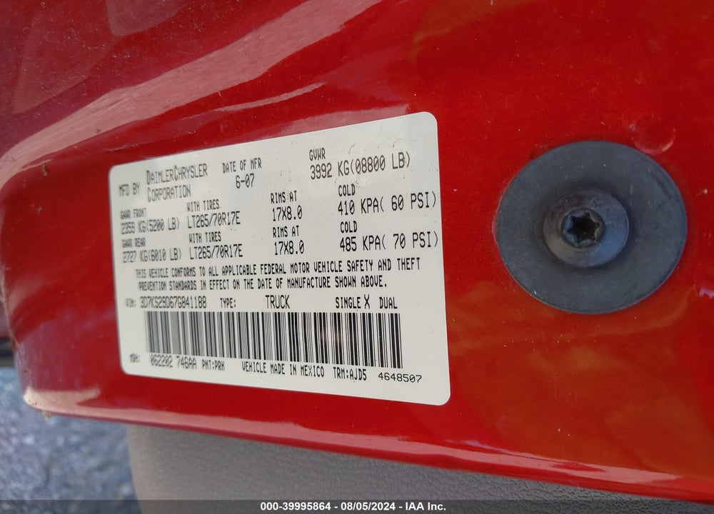 2007 DODGE RAM 2500 SLT VIN: 3D7KS29D67G841188