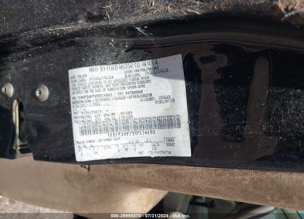 2002 FORD FOCUS SE VIN: 1FAFP34P72W214603
