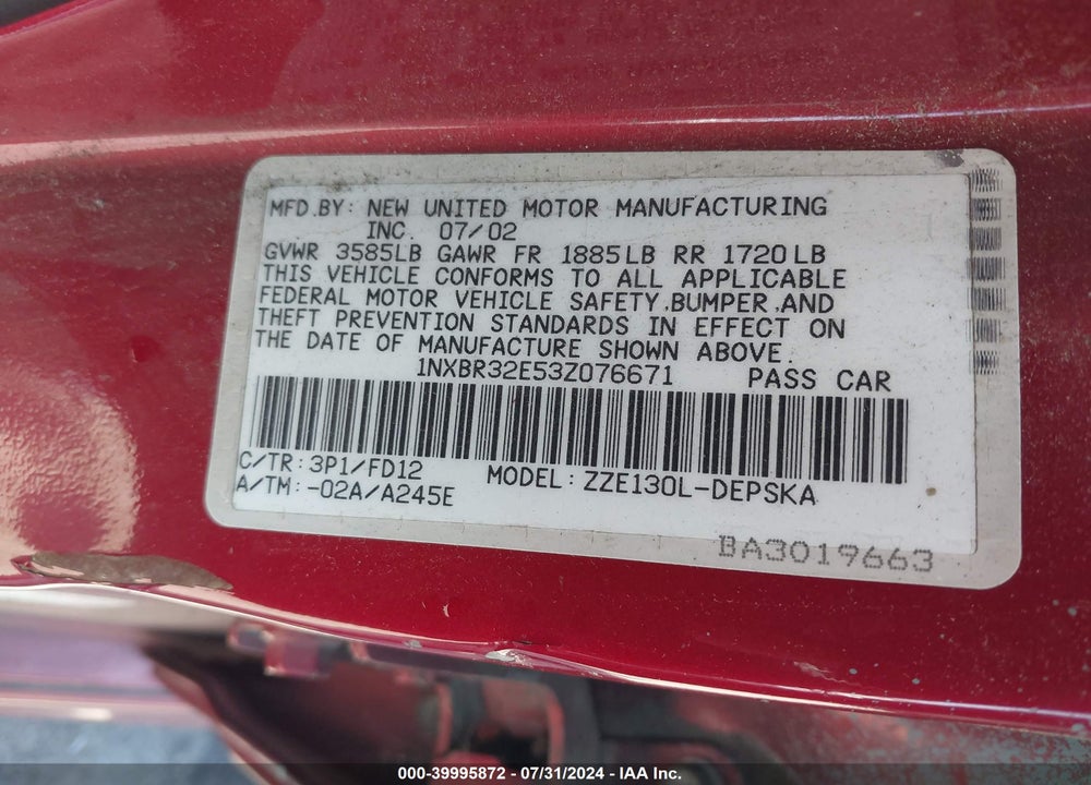 2003 TOYOTA COROLLA S VIN: 1NXBR32E53Z076671