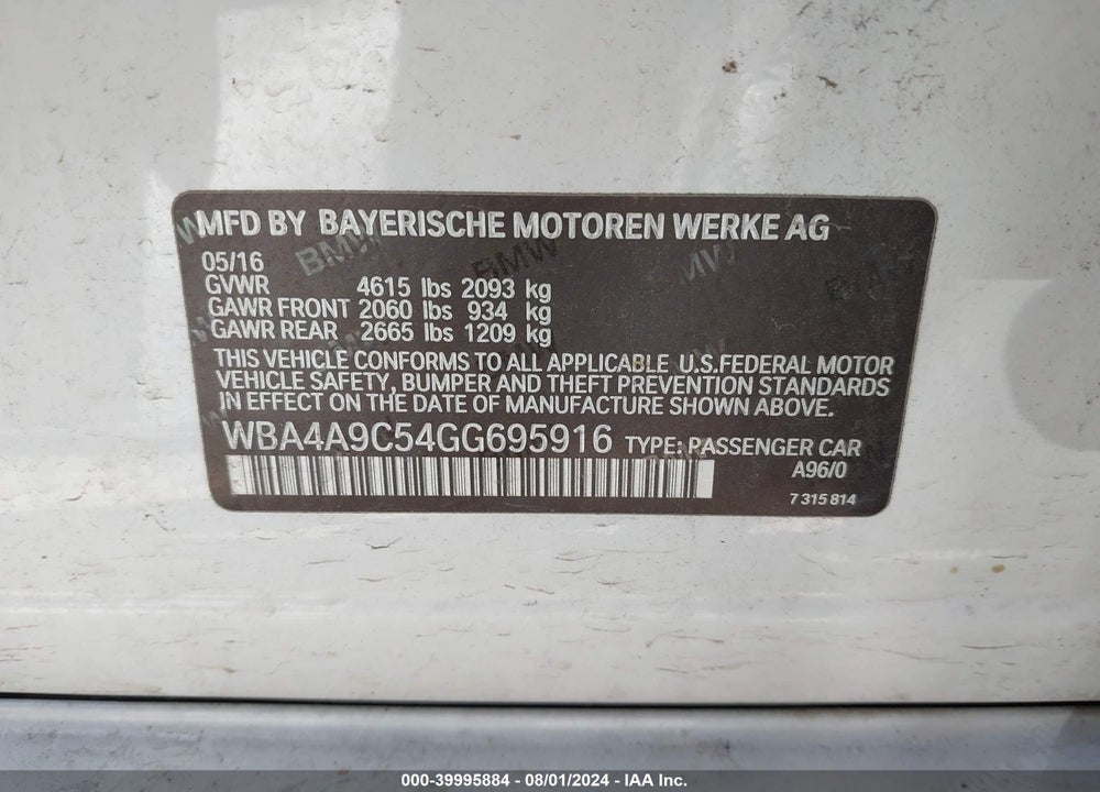 2016 BMW 428I GRAN COUPE VIN: WBA4A9C54GG695916