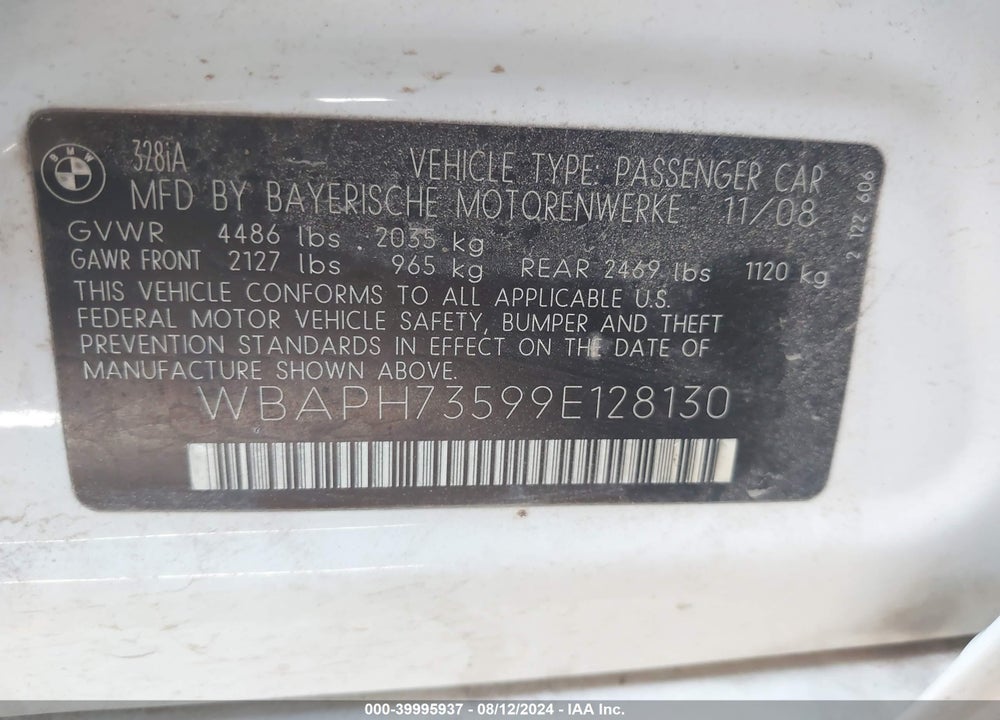 2009 BMW 328I VIN: WBAPH73599E128130