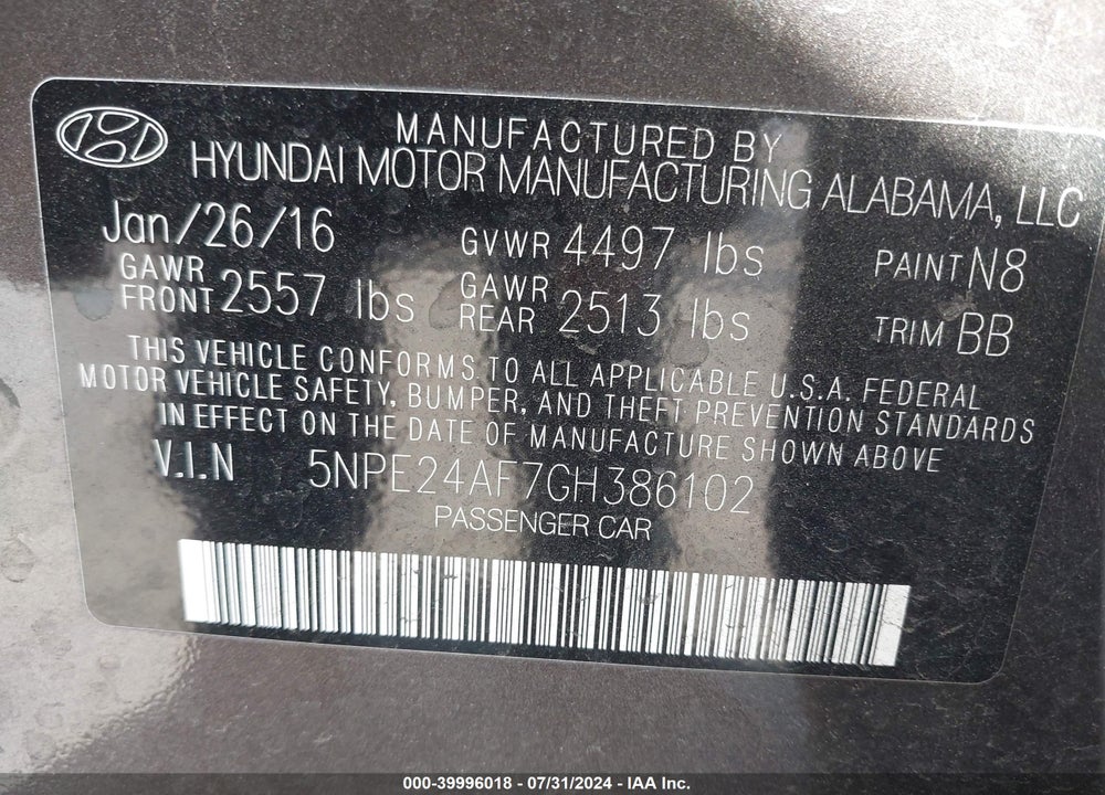 2016 HYUNDAI SONATA SE VIN: 5NPE24AF7GH386102