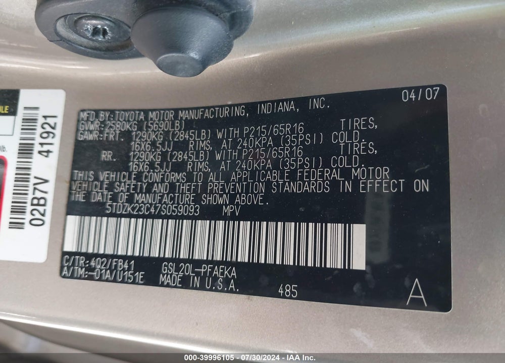 2007 TOYOTA SIENNA CE VIN: 5TDZK23C47S059093