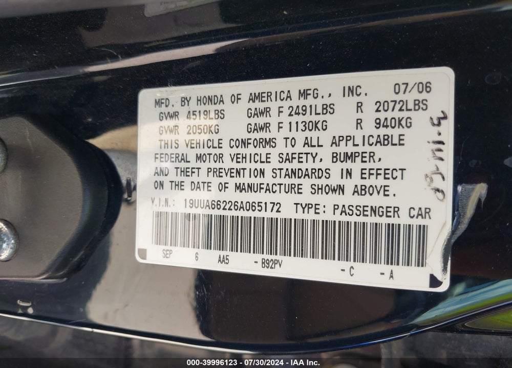 2006 ACURA TL VIN: 19UUA66226A065172