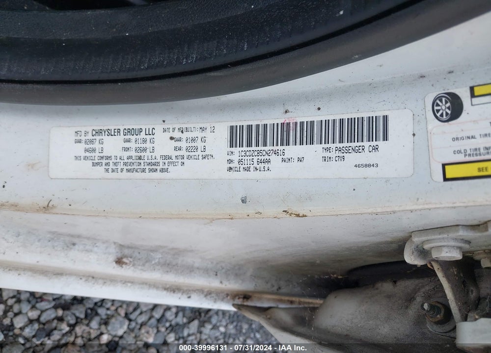 2012 DODGE AVENGER SXT VIN: 1C3CDZCB5CN274616