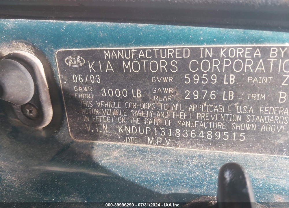 2003 KIA SEDONA EX/LX VIN: KNDUP131836489515