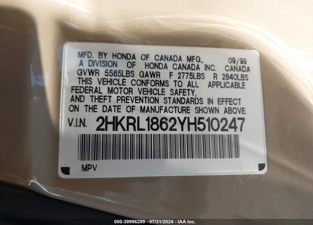 2000 HONDA ODYSSEY EX VIN: 2HKRL1862YH510247