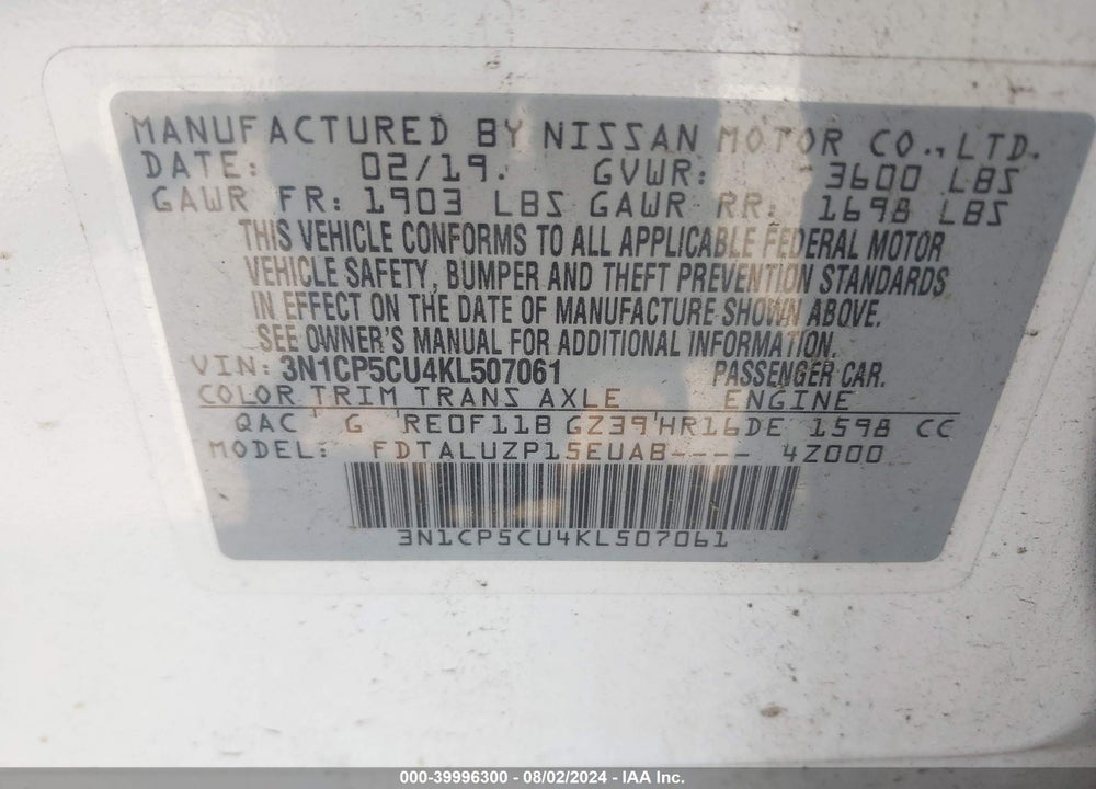 2019 NISSAN KICKS SR VIN: 3N1CP5CU4KL507061