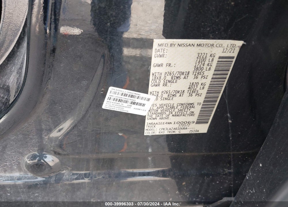 2022 NISSAN TITAN S 4X2 VIN: 1N6AA1EE4NN100069