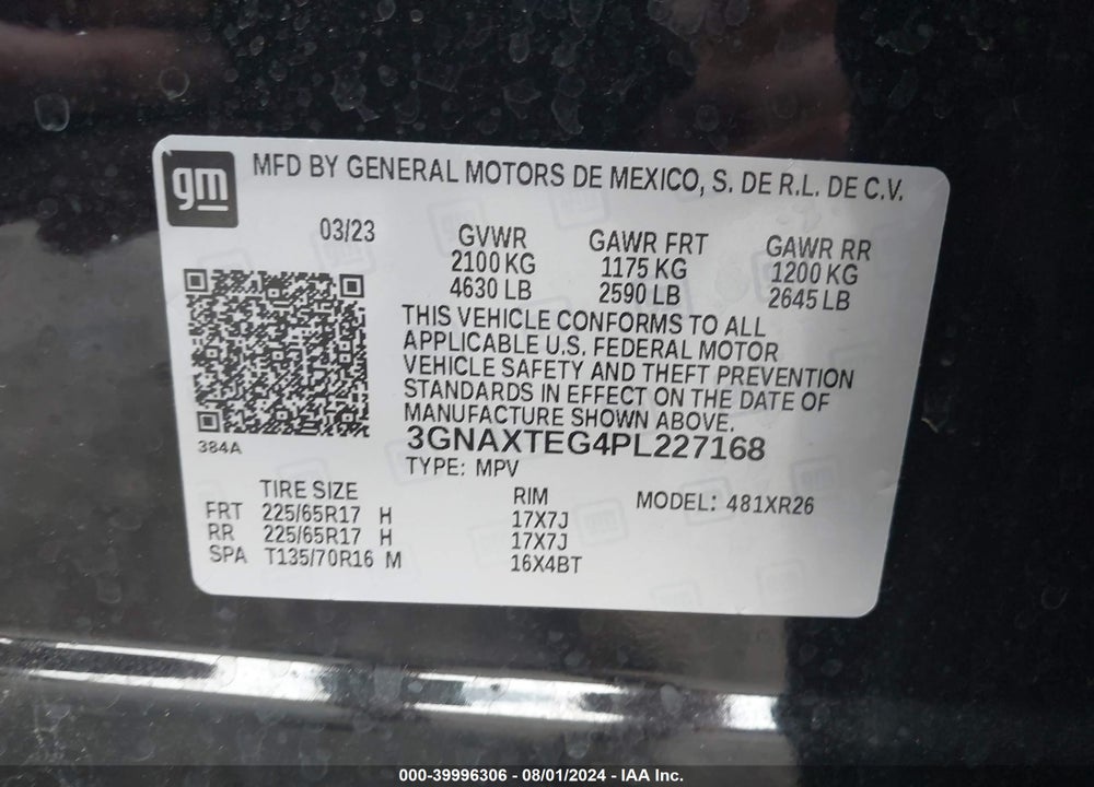 2023 CHEVROLET EQUINOX AWD 2FL VIN: 3GNAXTEG4PL227168