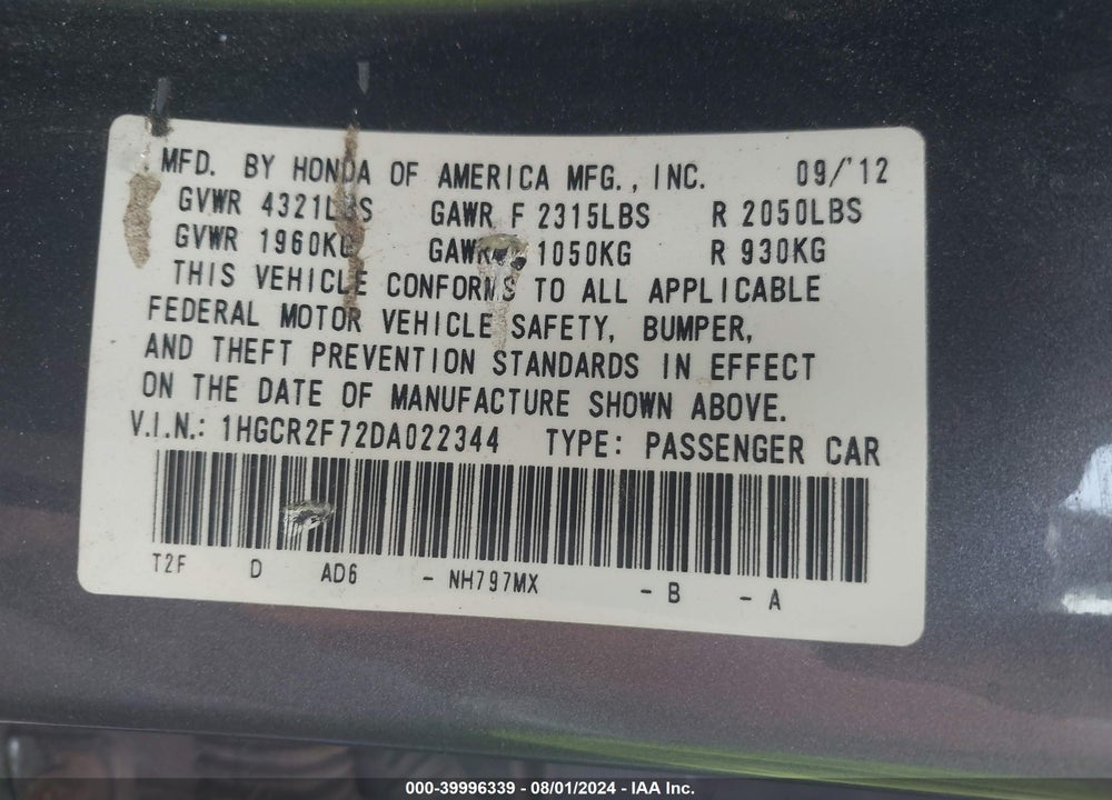 2013 HONDA ACCORD EX VIN: 1HGCR2F72DA022344