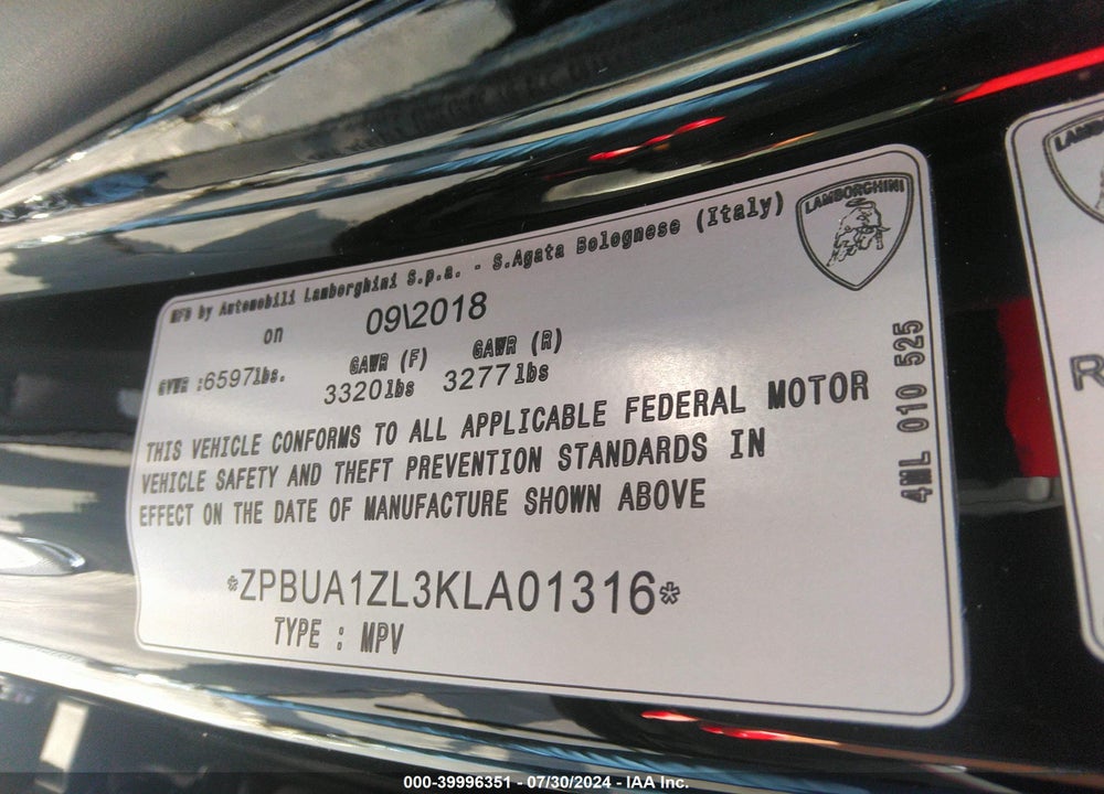 2019 LAMBORGHINI URUS VIN: ZPBUA1ZL3KLA01316