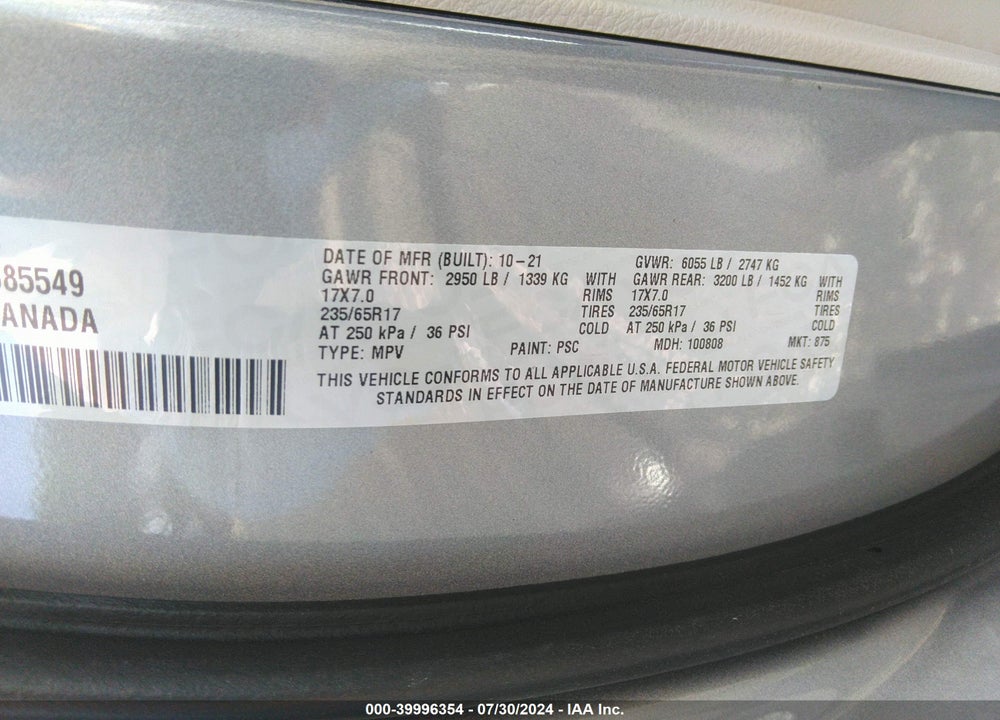 2021 CHRYSLER PACIFICA TOURING L VIN: 2C4RC1BGXMR585549