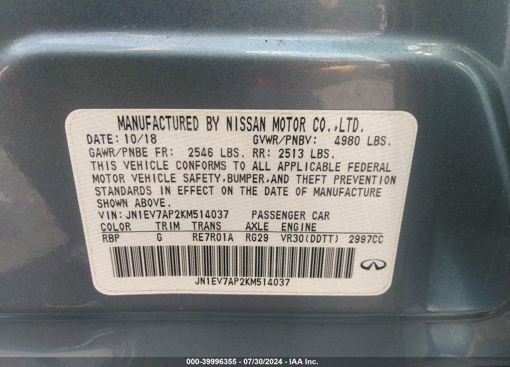 2019 INFINITI Q50 3.0T LUXE VIN: JN1EV7AP2KM514037