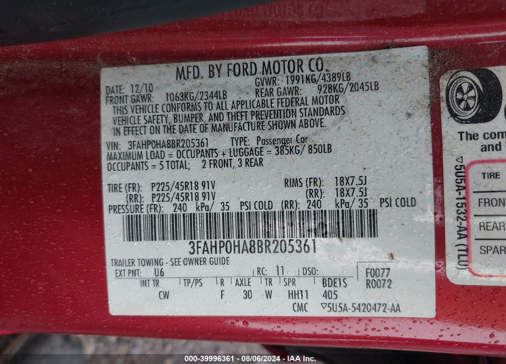 2011 FORD FUSION SE VIN: 3FAHP0HA8BR205361