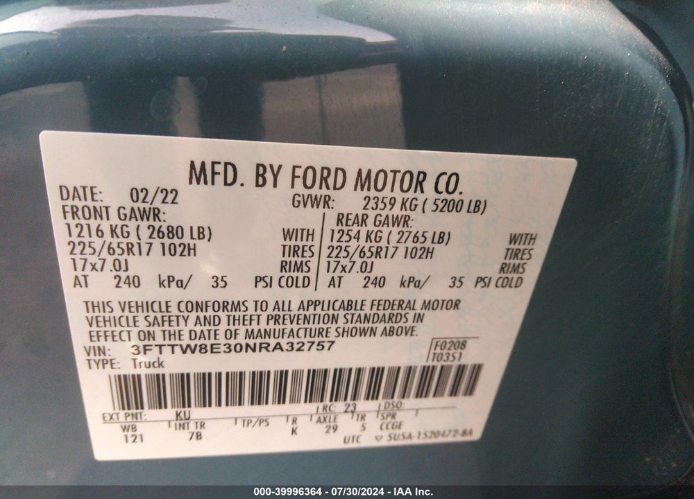 2022 FORD MAVERICK XLT VIN: 3FTTW8E30NRA32757