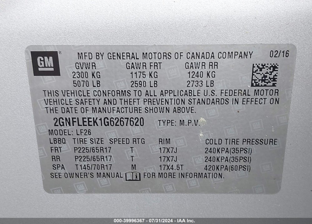 2016 CHEVROLET EQUINOX LS VIN: 2GNFLEEK1G6267620
