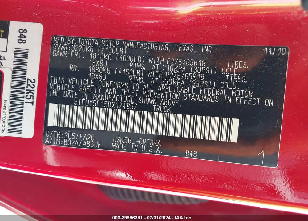 2011 TOYOTA TUNDRA GRADE 5.7L V8 VIN: 5TFUY5F15BX174857