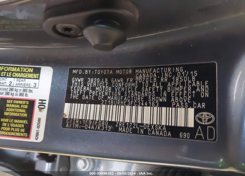 2015 TOYOTA COROLLA S PLUS VIN: 2T1BURHE3FC344163